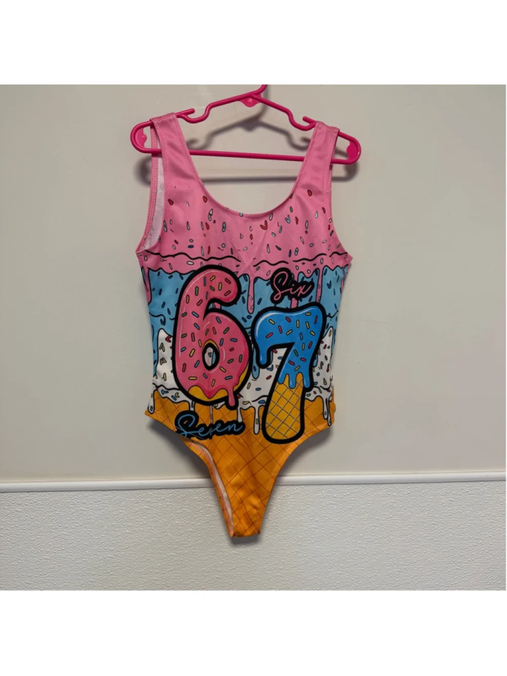 Girls Donut Ice Cream One Piece Swimsuit Size 7-8 Y 67 Pink Blue thin material